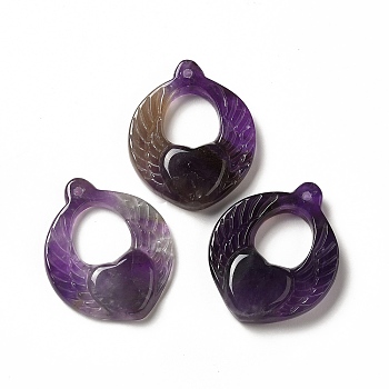 Natural Amethyst Pendants, Heart Wing Charms, 38x31x9mm, Hole: 1.5mm