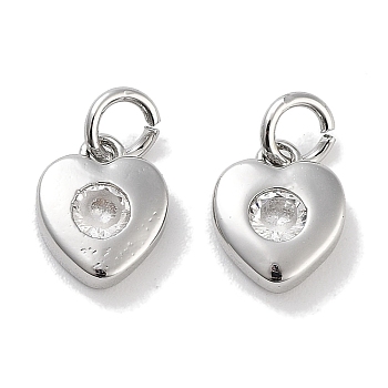Brass Micro Pave Cubic Zirconia Charms, with Jump Ring, Heart, Platinum, Clear, 8x6.5x2.5mm, Hole: 2.5mm