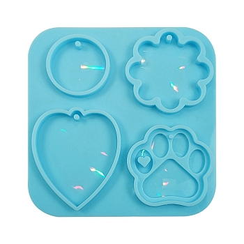 DIY Holographic Effect Pendant Silicone Molds, Resin Casting Molds, Round/Flower/Paw Print, Dark Turquoise, 189x177mm