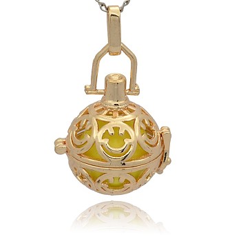 Golden Tone Brass Hollow Round Cage Pendants, with No Hole Spray Painted Brass Round Ball Beads, Champagne Yellow, 35x25x21mm, Hole: 3x8mm