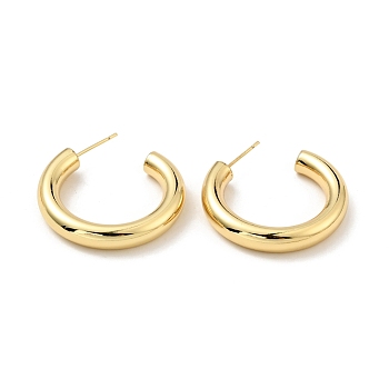 Brass Chunky C-shape Stud Earrings, Half Hoop Earrings for Women, Cadmium Free & Nickel Free & Lead Free, Real 18K Gold Plated, 27x30x5mm, Pin: 0.7mm