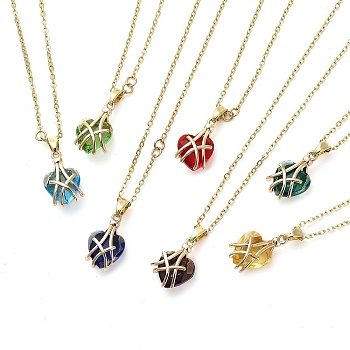 Heart Glass Pendant Necklaces, with Light Gold Brass Cable Chains, Mixed Color, 16.06 inch(40.8cm)