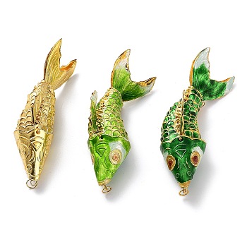 Brass Cloisonne Pendants, Gold Fish Charms with Jump Rings, Golden, Mixed Color, 120~125x30.5~32.5x34~37.5mm, Hole: 6.5mm