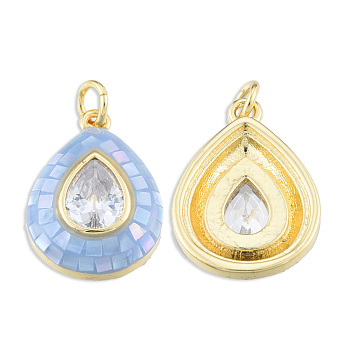 Brass Pave Clear Cubic Zirconia Pendants, with Jump Rings and Shell, Enamel, Real 18K Gold Plated, Nickel Free, Teardrop, Light Sky Blue, 19x13.5x4.5mm, Jump Ring: 5x1mm, 3mm inner diameter