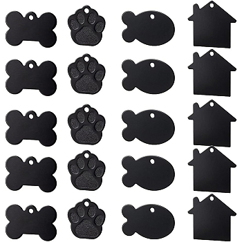 BENECREAT 32Pcs 4 Style Aluminium Pendants, Pet Tag, Fish & House & Bone & Dog Paw Prints, Black, 24~35x27~38x1mm, Hole: 3mm, 8pcs/style