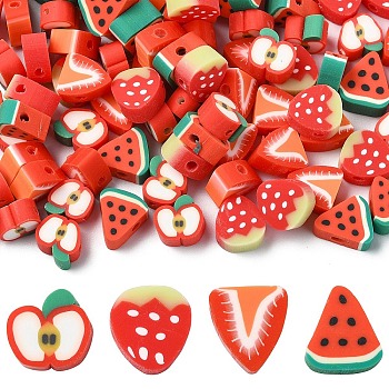 100Pcs 4 Styles Handmade Polymer Clay Beads, Watermelon Slice, Red, 9.5~12x8~10.5x4.5~5.5mm, Hole: 1.6~1.8mm, 25pcs/style