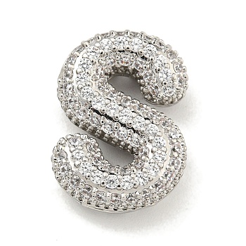 Platinum Plated Brass Micro Pave Cubic Zirconia Pendants, Letter Charms, Letter S, 18x17x6mm, Hole: 3.5x2.5mm