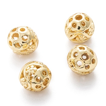 Alloy Hollow Beads, Round with Lotus, Cadmium Free & Lead Free, Real 18K Gold Plated, 8x7~8mm, Hole: 1.5~2mm