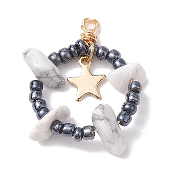 Natural Howlite Chips & Glass Seed Pendants, with 304 Stainless Steel Loops, Ring with Star Charms, 28~30x22~25x6~8mm, Hole: 1.5mm