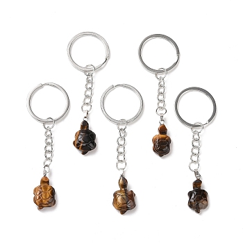 Tortoise Natural Tiger Eye Keychain, Stone Lucky Pendant Keychain, with Iron Findings, 8.9cm