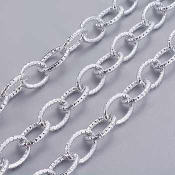 Aluminum Cable Chains, Textured, Unwelded, Silver Color Plated, 20x14x3mm