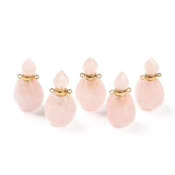Faceted Natural Rose Quartz Pendants, Openable Perfume Bottle, with Golden Tone Brass Findings, 32~33x17~18x16mm, Hole: 2mm, capacity: 1ml(0.03 fl. oz)