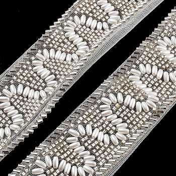 Polyester Wave Lace Trims, with ABS Imitation Pearl Beads and Glass, Floral White, 1-3/8 inch(36mm)