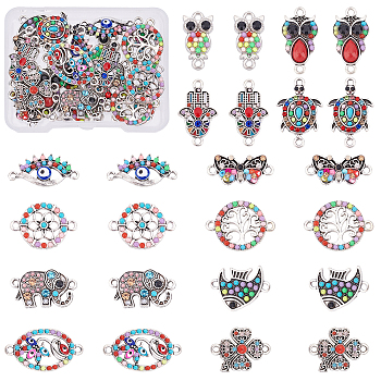 PandaHall Elite 24Pcs 12 Style Alloy Links, with Colorful Resin and Rhinestone, with Enamel, Butterfly & Flat Round & Owl & Hamsa Hand & Sea Turtle & Elephant & Oval & Evil Eye & Four Leaf Clover & Fish, Antique Silver, 10.5~27.5x11~24.5x2~4mm, Hole: 1.6~2mm, 2pcs/style