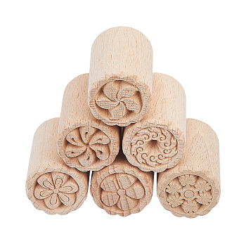 6Pcs 6 Styles Flower Pattern Round Wooden Traditional Chinese Moon Cake Molds, Dessert Stamp Cookies Mold, DIY Moon Cake Tools, Tan, 49x34.5mm, Flower: 33mm, 1pc/style