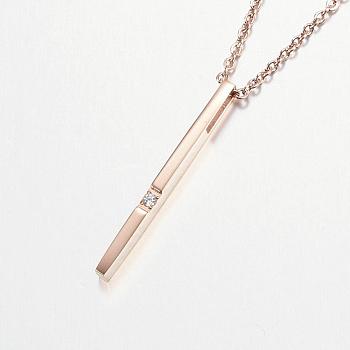 304 Stainless Steel Cubic Zirconia Pendant Necklaces, Bar/Stick, Rose Gold, 17.7 inch(45cm)