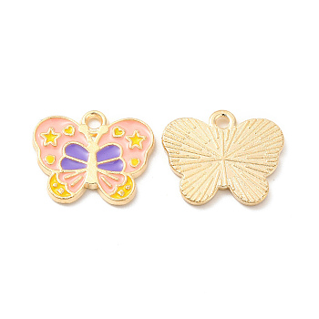 Light Gold Plated Alloy Pendants, with Enamel, Butterfly Charm, Misty Rose, 14x17x1.5mm, Hole: 1.6mm