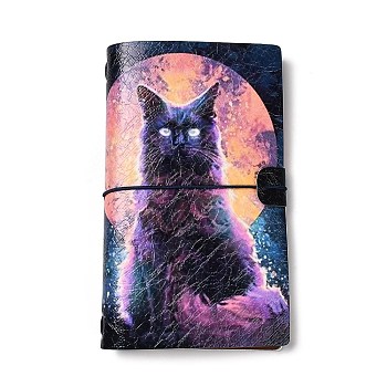 Cat Theme PU Imitation Leather Notebooks, Travel Journals, with Paper Booklet & PVC Pocket, Moon, 199x120.5x15mm
