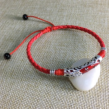 Alloy Red Enamel Tube Bead & Braided Imitation Leather Cord Adjustable Anklets for Men, Antique Silver, Red, 8-5/8 inch(220mm)