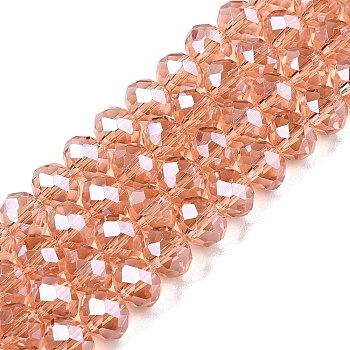 Electroplate Glass Beads Strands, Pearl Luster Plated, Faceted, Rondelle, Dark Salmon, 8x6mm, Hole: 1mm, about 64~65pcs/strand, 40~41cm