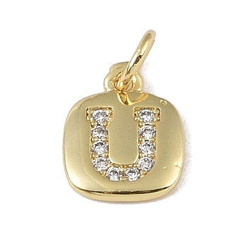 Rack Plating Brass Micro Pave CLear Cubic Zirconia Charms, with Jump Rings, Cadmium Free & Lead Free, Long-Lasting Plated, Real 18K Gold Plated, Letter U, 11.5x9x1.5mm, Hole: 2.8mm