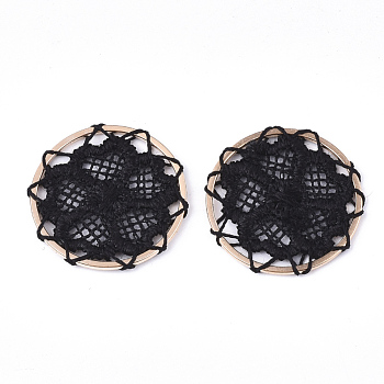Polyester Woven Pendant Decorations, with Iron Findings, Flat Round with Flower, Light Gold, Black, 28x2mm