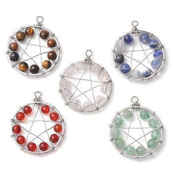 Copper Wire Wrapped Natural Gemstone Beaded Pendants, Flat Round with Pentagram Charms, Platinum, 30x26x5mm, Hole: 2mm