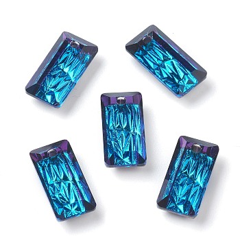 Embossed Glass Rhinestone Pendants, Rectangle, Faceted, Bermuda Blue, 14x7x4.2mm, Hole: 1.5mm