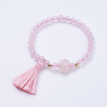 Tassel Charm Bracelets, with Natural Rose Quartz Beads, Round, 2 inch(52mm)