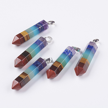 Natural Mixed Gemstone Pendants, Pointed Pendants, with Brass Findings, Bullet, Platinum, Faceted, 51x10x11mm, Hole: 4x4mm