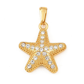 1Pc 304 Stainless Steel Rhinestone Pendants, Starfish Charms, Golden, 26x23x7mm, Hole: 6.5x3.5mm