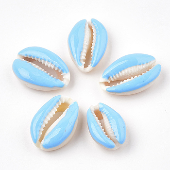 Natural Cowrie Shell Beads, with Enamel, No Hole/Undrilled, Light Sky Blue, 20~26x13~18x5~7mm