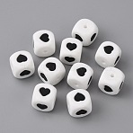 Food Grade Eco-Friendly Silicone Beads, Cube with Heart, White, Black, 12x12x12mm, Hole: 3mm(FIND-TAC0009-71)
