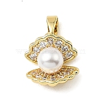 Brass Micro Pave Clear Cubic Zirconia Charms, with Plastic Pearl, Shell Shape Charms, Golden, 14x12x7.5mm, Hole: 4x2mm(KK-E804-09G)