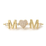 Mother's Day Brass Micro Pave Cubic Zirconia Mom Heart Connector Charms, Long-Lasting Plated, Cadmium Free & Lead Free, Rack Plating, Real 18K Gold Plated, Clear, Pink, 9x38x4mm, Hole: 1.5mm(KK-Z155-03G-01)