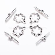 Alloy Toggle Clasps, Nickel Free, Lead Free and Cadmium Free, Antique Silver, Flower: 19x15x1.5mm, hole: 2mm. Bar: 24x6x4mm, hole: 2mm.(EA777Y-AS-NR)