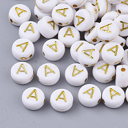 Plating Acrylic Beads, Golden Metal Enlaced, Horizontal Hole, Flat Round with Alphabet, White, Letter.A, 7x3.5mm, Hole: 1.2mm, about 3600pcs/500g(PACR-R242-01A)