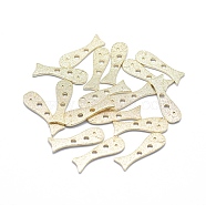 2-Hole Brass Buttons, Long-Lasting Plated, Fish, Textured, Real 14K Gold Plated, 17.5x5.5x1mm, Hole: 1.4mm(KK-F797-54G)