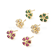 Rack Plating Brass Cubic Zirconia Stud Earrings for Women, Cadmium Free & Lead Free, Heart Flower, Real 18K Gold Plated, Mixed Color, 10.5x11mm, Pin: 0.7mm(EJEW-G311-07G)