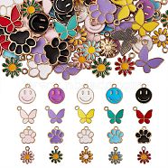80Pcs 20 Style Alloy Enamel Pendants, ButterFly & Paw Print & Flower & Flat Round with Smiling Face, Mixed Color, 14~17.5x12~17x1.5~2mm, Hole: 1.5~2mm, 4pcs/style(FIND-SZ0002-31)