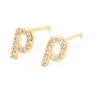 Brass Micro Pave Clear Cubic Zirconia Stud Earrings, Greek Alphabet, Real 18k Gold Plated, Letter.R, 8.5x5.5x1.8mm, Pin: 0.9mm(EJEW-O103-14G)