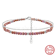 925 Sterling Silver Anklets, Round Lepidolite Beads Anklets, Real Platinum Plated, 8-3/8 inch(21.3cm)(AJEW-Z029-26P)