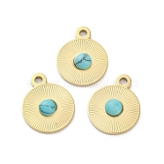 Real 14K Gold Plated 304 Stainless Steel Pave Synthetic Turquoise Pendants, Flat Round Charms, 15x12x3mm, Hole: 1.6mm(STAS-R005-05G-01)