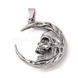 Tibetan Style Alloy Pendants, Cadmium Free & Lead Free, Moon with Skull, Antique Silver, 37.5x33x8mm, Hole: 4.5x8mm(FIND-B040-12AS)