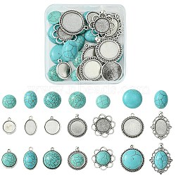 DIY Oval/Half Round Synthetic Turquoise & Tibetan Style Alloy Pendant Making Kits, Antique Silver, Tray: 14~20mm, 13~32.7x13~25.6x2~7mm, Hole: 1~3.5mm(DIY-FS0006-12)