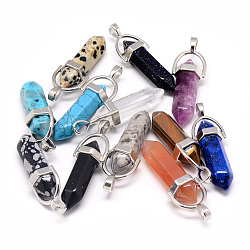 Natural & Synthetic Mixed Stone Double Terminated Pointed Pendants, with Brass Findings, Bullet, Platinum, 40~43x13x10mm, Hole: 4x5mm(G-Q481-107)