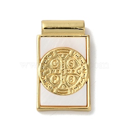 Rack Plating Religion Brass Pave Shell Rectangle Pendants, Coin Cross Charms, Lead Free & Cadmium Free, Long-Lasting Plated, Real 18K Gold Plated, 24x14x4.5mm, Hole: 2mm(KK-K345-14G-02)