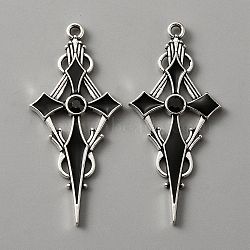 Jet Rhinestone Cross Pendatn with Black Enamel, Alloy Pendant, Antique Silver, 47.5x21.5x4mm, Hole: 1.8mm(ENAM-WH0001-06AS-01)