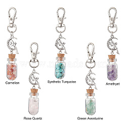 Glass Wishing Bottle with Gemstone Chip inside Pendant Decorations, Alloy Moon with Fairy & Swivel Clasps Charms for Bag Ornaments, 88mm, 5pcs/set(HJEW-JM01991)