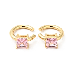 Cubic Zirconia Square Open Cuff Earrings, Real 18K Gold Plated Brass Jewelry for Women, Cadmium Free & Nickel Free & Lead Free, Pearl Pink, 15x18x7mm(EJEW-G312-16G-01)